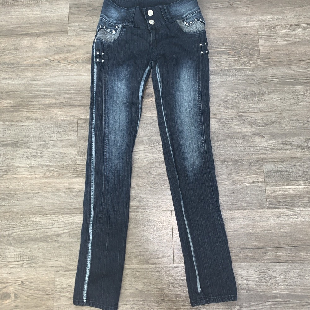 Silver Diva Women Blue Straight Leg Jeans Shiny Gems Studded Size 9